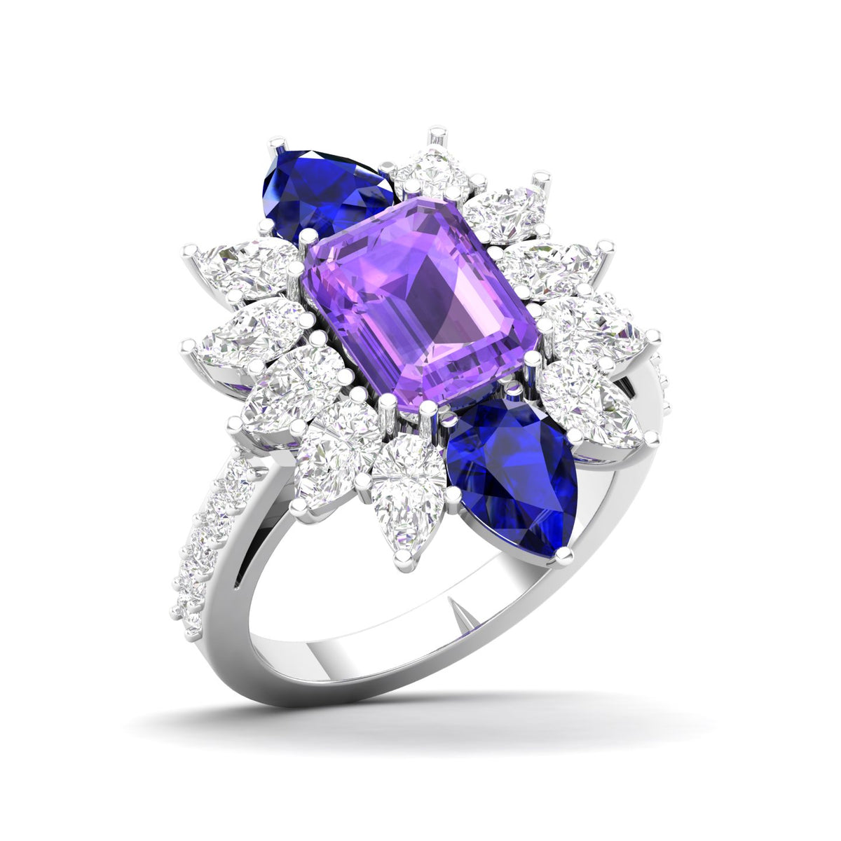 Maurya Solitaire Pink Amethyst Big Pollen Engagement Ring with Sapphire Halo