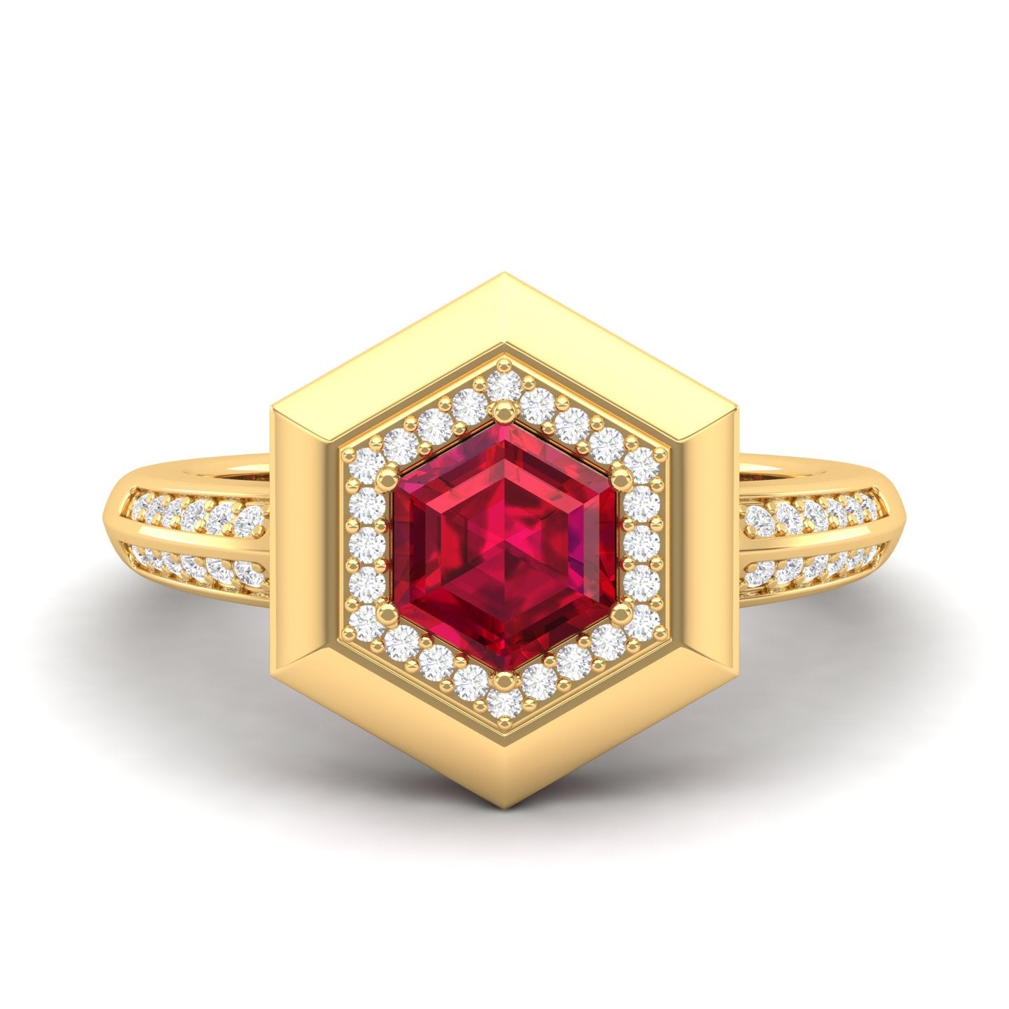 Maurya Honeydew Hexagon Solitaire Ruby Engagement Ring with Diamond Halo