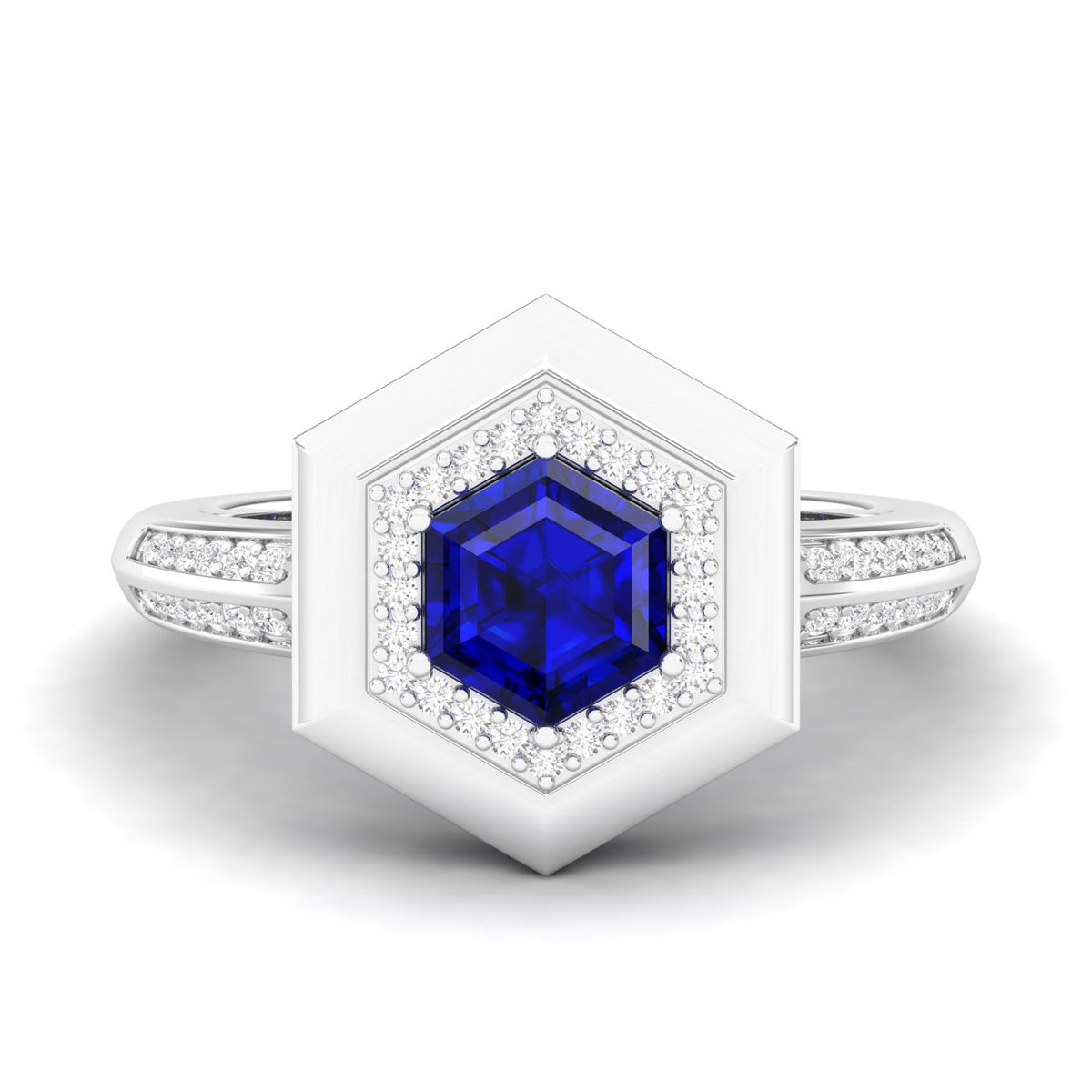 Maurya Honeydew Hexagon Solitaire Ruby Engagement Ring with Diamond Halo