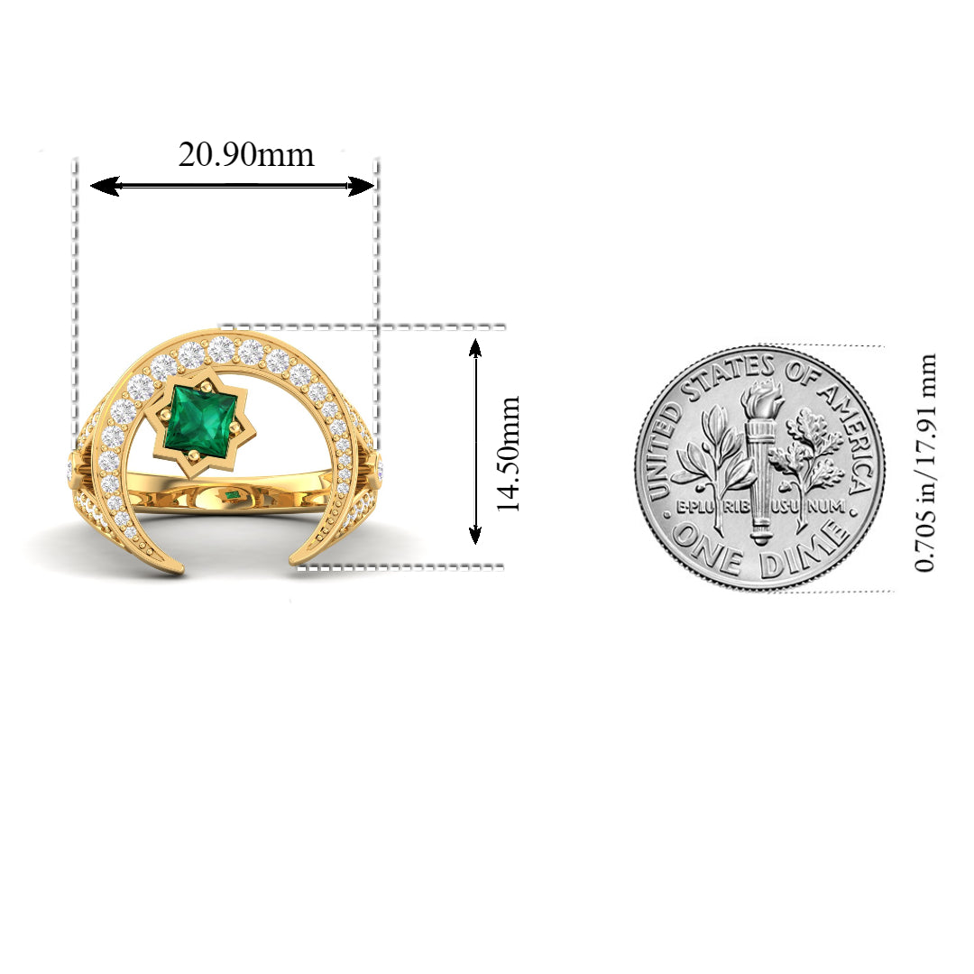 Maurya Square Emerald and Diamond Split-Shank Star Moon Cocktail Ring