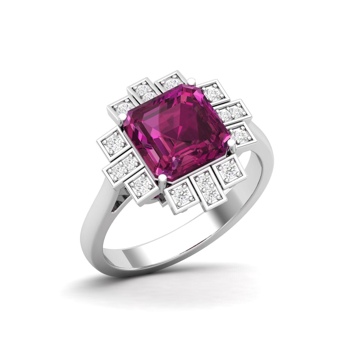 Maurya Asscher Cut Garnet Solitaire Firecracker Engagement Ring with Diamonds