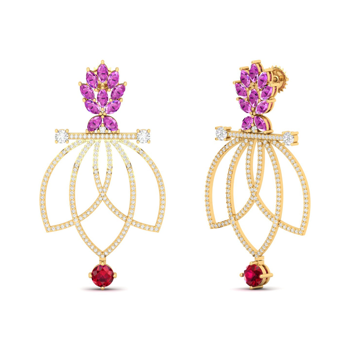Maurya Lois Ruby and Pink Amethyst Chandelier Dangle Earrings with Diamond