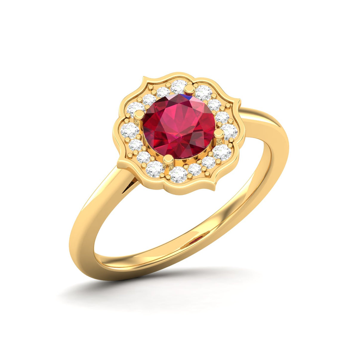 Maurya Round Ruby Hot Flower Engagement Ring with Diamond Halo