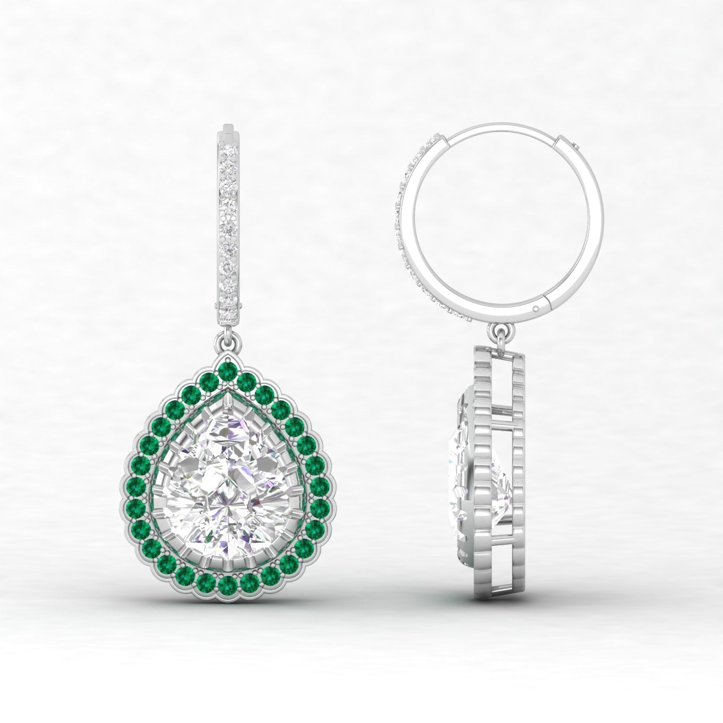 Maurya Sun Drop White Topaz Latch Back Earrings with Emerald Halo
