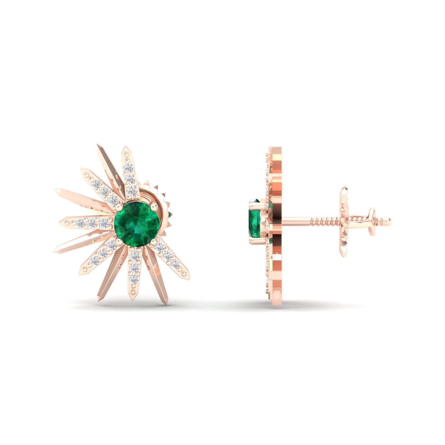 Maurya Emerald Rays From The Center Push Back Earrings with Diamonds