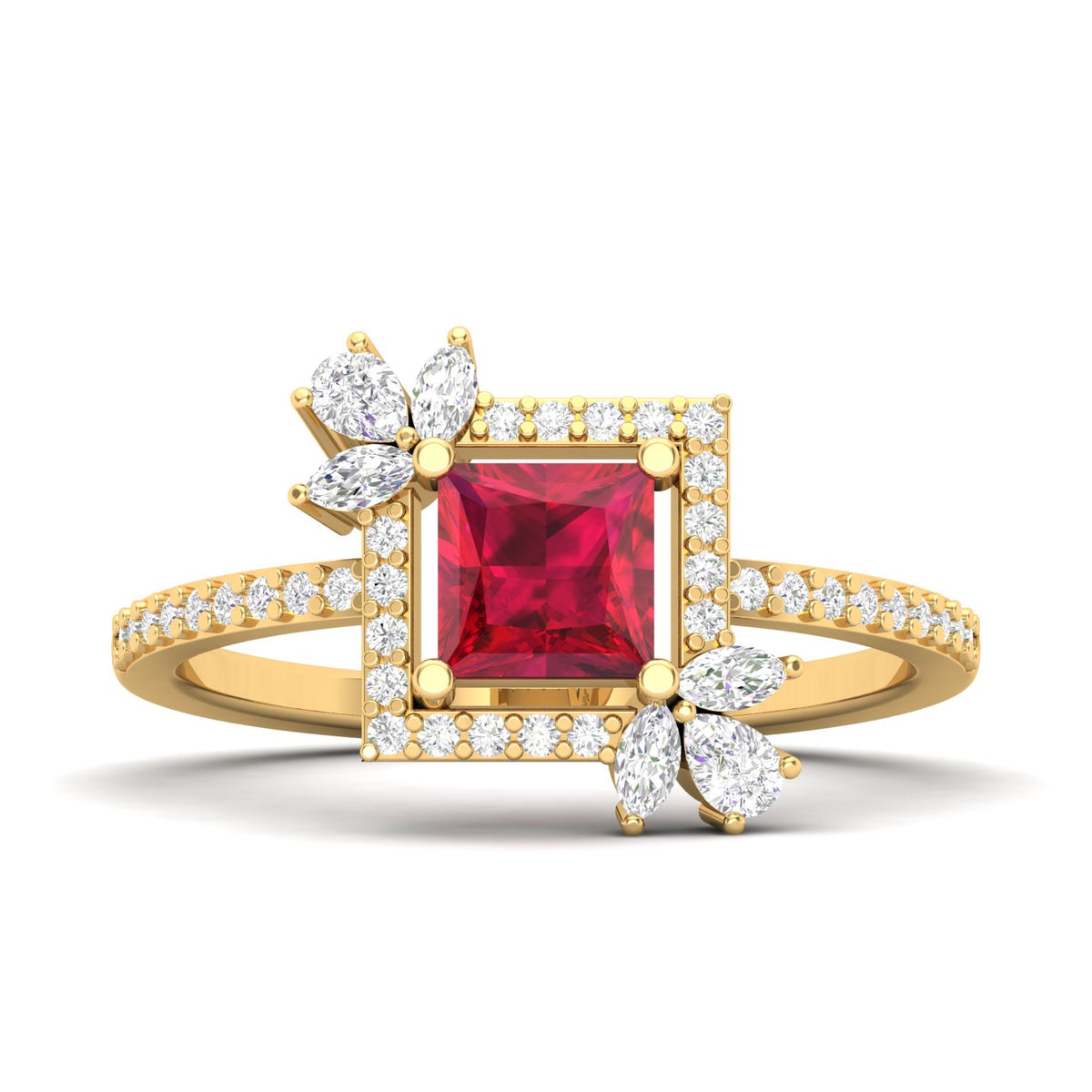 Maurya Solitaire Ruby Rose Garden Engagement Ring with Diamond Halo