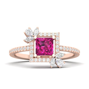 Maurya Solitaire Ruby Rose Garden Engagement Ring with Diamond Halo