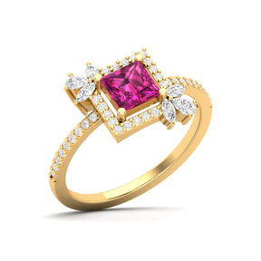 Maurya Solitaire Ruby Rose Garden Engagement Ring with Diamond Halo