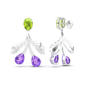 Maurya Plum Cluster Peridot Drop Earrings with Ruby and Diamonds