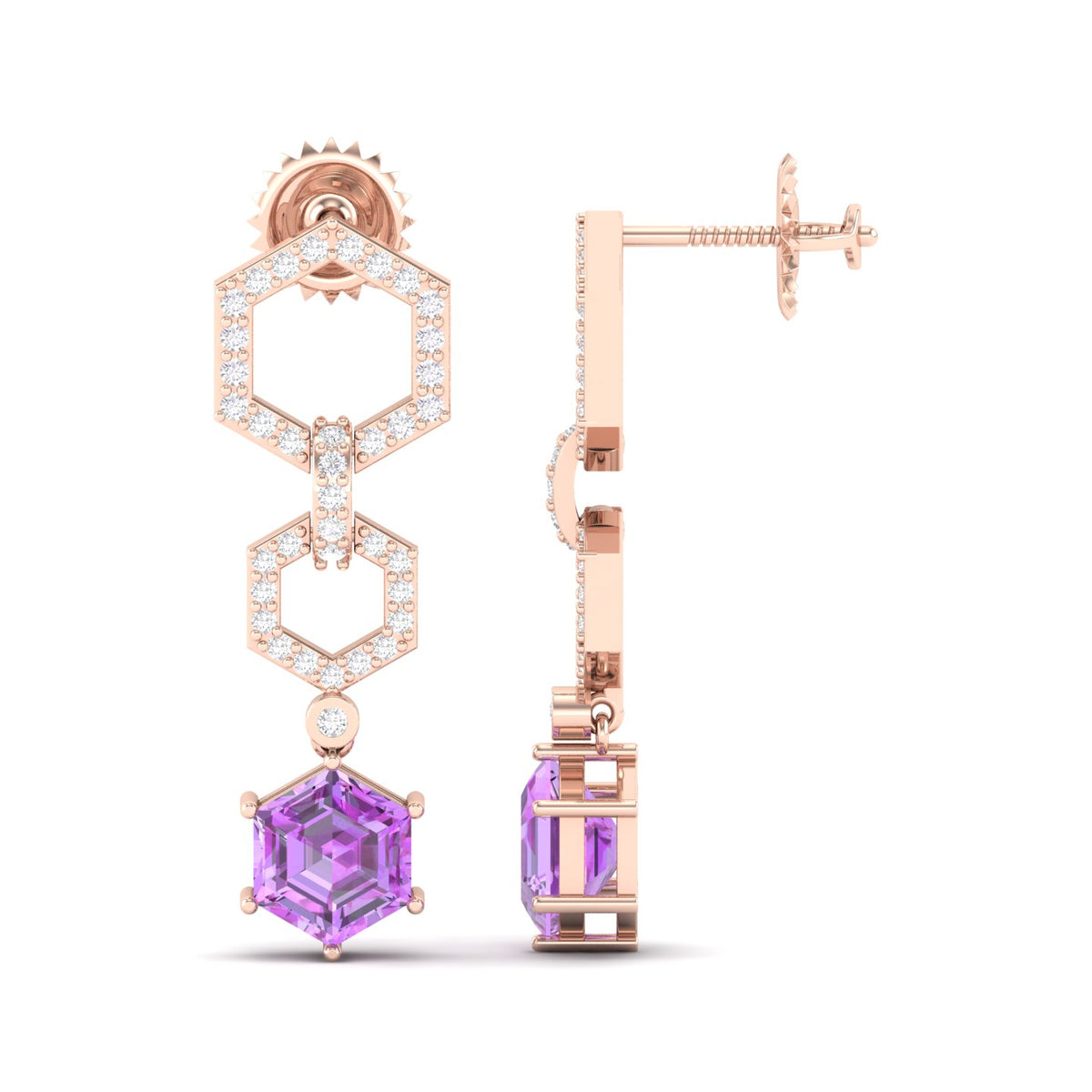 Maurya Matrix Dangle Earrings with Hexagon Ruby and Diamonds