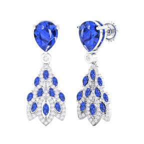 Maurya London Blue Topaz Peacock Fur Push Back Earrings with Diamonds