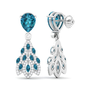 Maurya London Blue Topaz Peacock Fur Push Back Earrings with Diamonds