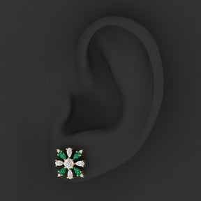 Maurya Floret Emerald and Fancy Diamond Stud Earrings