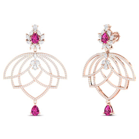 Maurya Peony Ruby Chandelier Drop Earrings with Pave-Set Diamonds