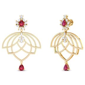 Maurya Peony Ruby Chandelier Drop Earrings with Pave-Set Diamonds