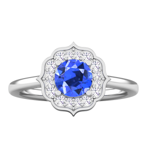 Maurya Round Ruby Hot Flower Engagement Ring with Diamond Halo