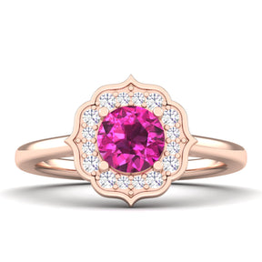 Maurya Round Ruby Hot Flower Engagement Ring with Diamond Halo