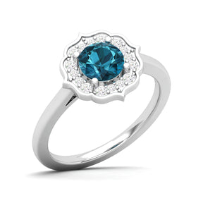 Maurya Round Ruby Hot Flower Engagement Ring with Diamond Halo