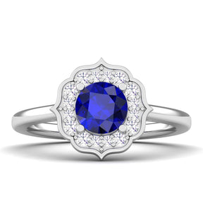 Maurya Round Ruby Hot Flower Engagement Ring with Diamond Halo