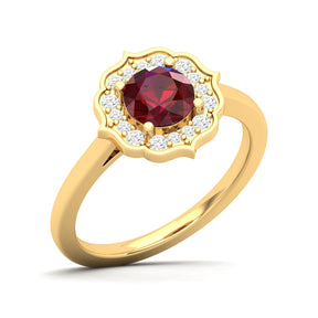 Maurya Round Ruby Hot Flower Engagement Ring with Diamond Halo