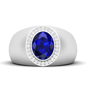 Maurya Solitaire Oval Tanzanite Signet Engagement Bold Ring with Diamond Halo