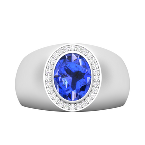 Maurya Solitaire Oval Tanzanite Signet Engagement Bold Ring with Diamond Halo