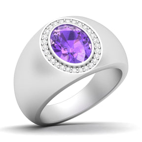Maurya Solitaire Oval Tanzanite Signet Engagement Bold Ring with Diamond Halo