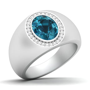 Maurya Solitaire Oval Tanzanite Signet Engagement Bold Ring with Diamond Halo