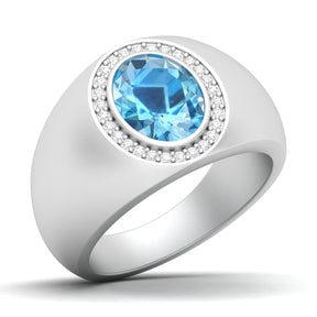 Maurya Solitaire Oval Tanzanite Signet Engagement Bold Ring with Diamond Halo