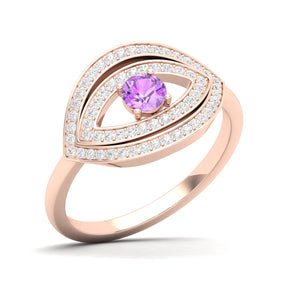 Maurya Solitaire Pink Amethyst Evil Eye Promise Ring with Pave-Set Diamonds