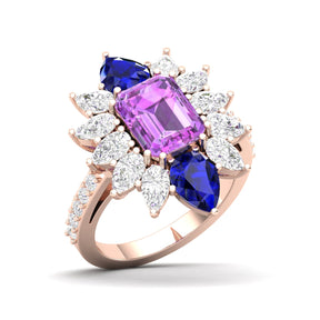 Maurya Solitaire Pink Amethyst Big Pollen Engagement Ring with Sapphire Halo