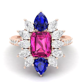 Maurya Solitaire Pink Amethyst Big Pollen Engagement Ring with Sapphire Halo