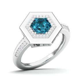 Maurya Honeydew Hexagon Solitaire Ruby Engagement Ring with Diamond Halo