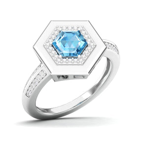 Maurya Honeydew Hexagon Solitaire Ruby Engagement Ring with Diamond Halo