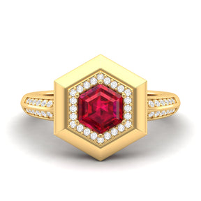 Maurya Honeydew Hexagon Solitaire Ruby Engagement Ring with Diamond Halo