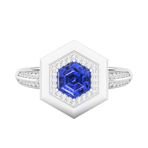 Maurya Honeydew Hexagon Solitaire Ruby Engagement Ring with Diamond Halo