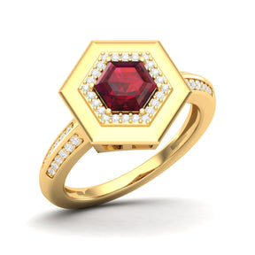 Maurya Honeydew Hexagon Solitaire Ruby Engagement Ring with Diamond Halo