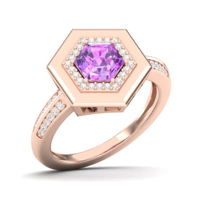 Maurya Honeydew Hexagon Solitaire Ruby Engagement Ring with Diamond Halo