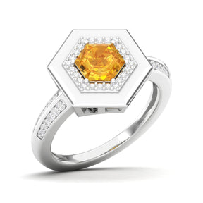 Maurya Honeydew Hexagon Solitaire Ruby Engagement Ring with Diamond Halo