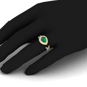 Maurya Pear Emerald Open Living Leaf Engagement Ring with Diamond Halo