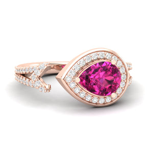 Maurya Pear Emerald Open Living Leaf Engagement Ring with Diamond Halo