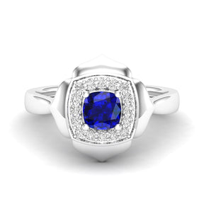 Maurya Solitaire Cushion Sapphire Prime Engagement Ring with Diamond Halo