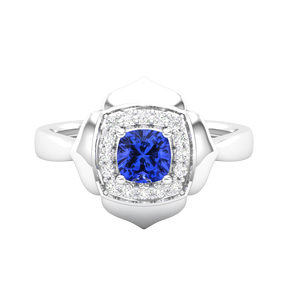 Maurya Solitaire Cushion Sapphire Prime Engagement Ring with Diamond Halo