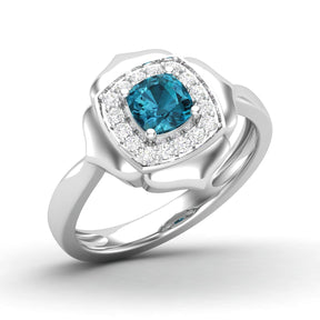 Maurya Solitaire Cushion Sapphire Prime Engagement Ring with Diamond Halo