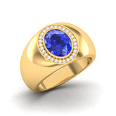 Maurya Solitaire Oval Tanzanite Signet Engagement Bold Ring with Diamond Halo