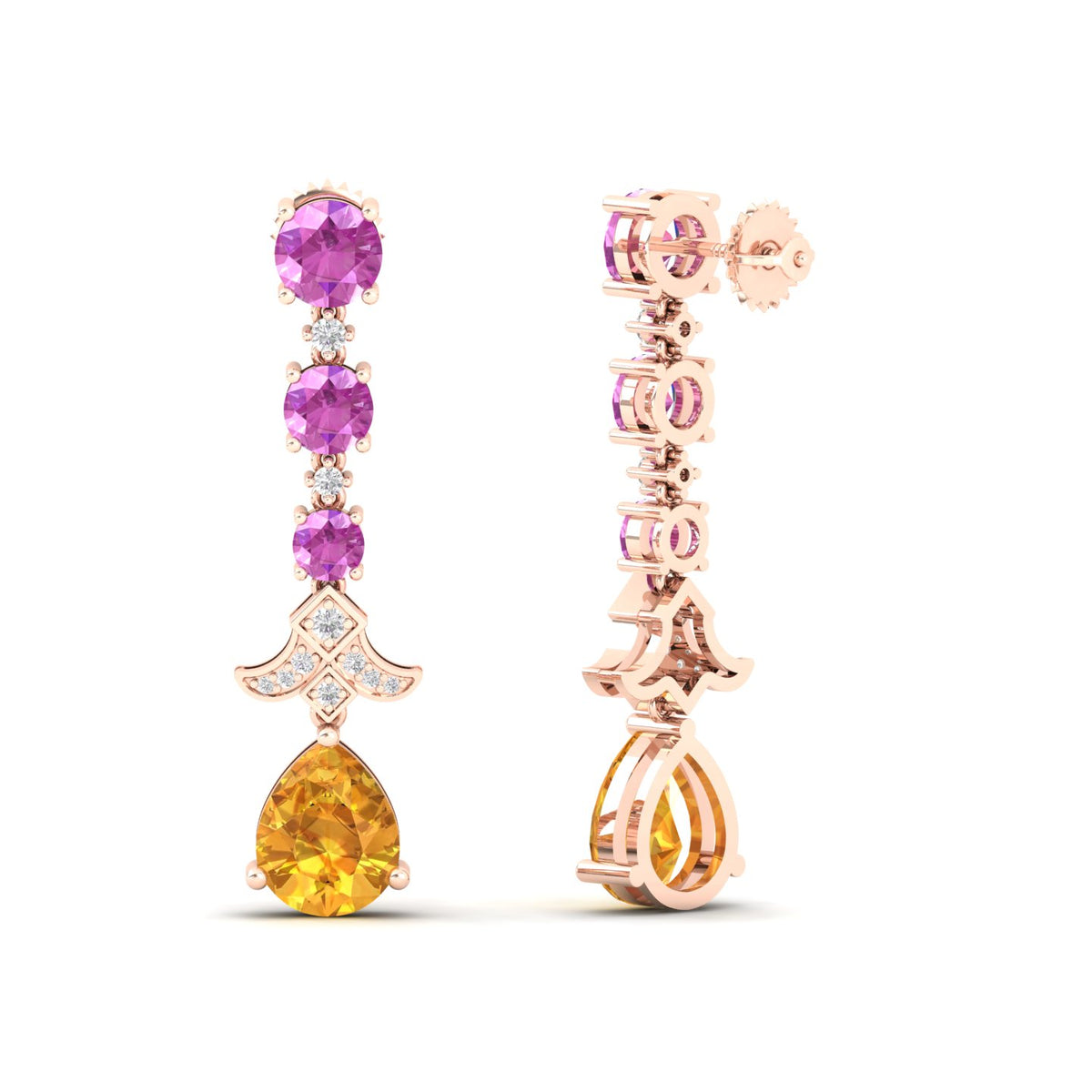 Maurya Citrine Chandelier Drop Earrings with Pink Amethyst and Diamonds