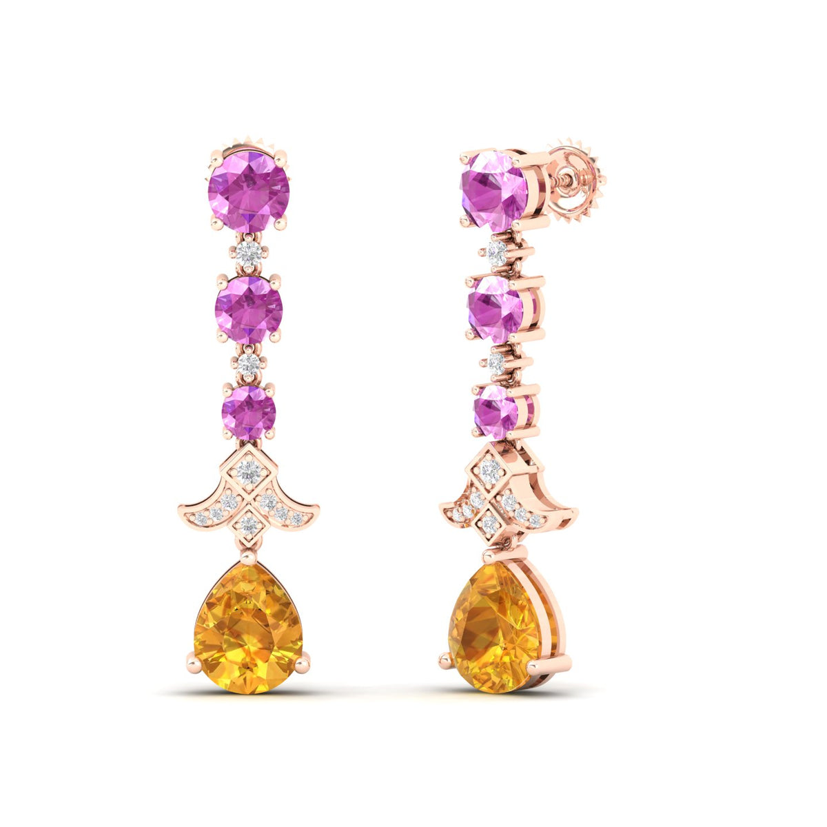 Maurya Citrine Chandelier Drop Earrings with Pink Amethyst and Diamonds