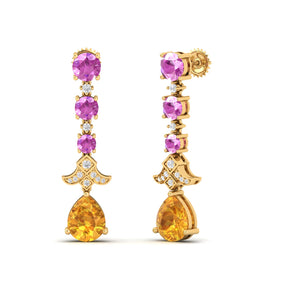 Maurya Citrine Chandelier Drop Earrings with Pink Amethyst and Diamonds