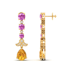 Maurya Citrine Chandelier Drop Earrings with Pink Amethyst and Diamonds