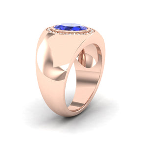 Maurya Solitaire Oval Tanzanite Signet Engagement Bold Ring with Diamond Halo